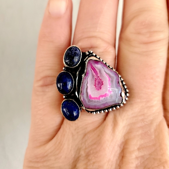 New Solar Agate & Lapis Lazuli 925 Silver Ring. - Picture 8 of 8